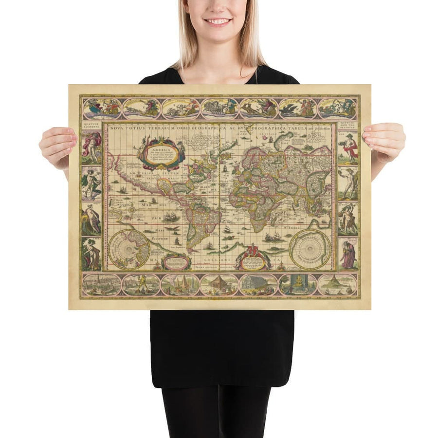 Alte Weltkarte, 1635 von Willem Blaeu - Seltenes Meisterwerk-Atlas - Sieben Wunder, mythische Inseln, römische Götter, Seeungeheuer! 