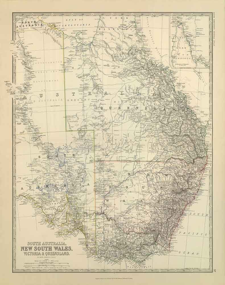 Old Map of Eastern Australia, 1879 - British Colonies of NSW, Victoria, Queensland & South - Great Barrier Reef