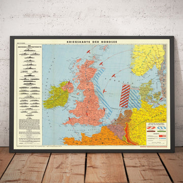 German World War 2 Map, 1940 - Old WW2 Military Chart of North Sea - British Navy Ships, Minefields, Battle Lines