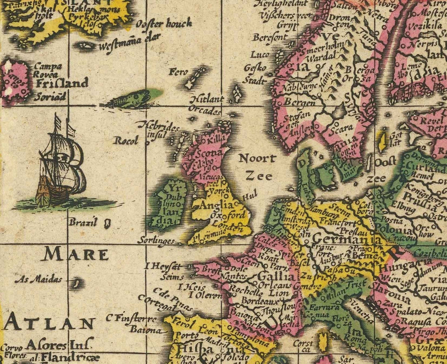Alte Weltkarte, 1635 von Willem Blaeu - Seltenes Meisterwerk-Atlas - Sieben Wunder, mythische Inseln, römische Götter, Seeungeheuer! 