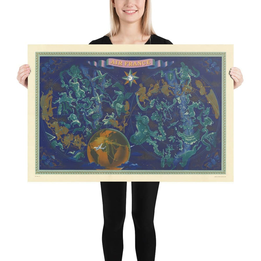 Alte Air France Himmels- & Tierkreis-Weltkarte, 1959 von Bucher - Historische Flugroutenkarte, Konstellationen 