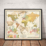 Old Religion World Map, 1854 - Religious Beliefs in the 19th Century - Buddhists, Protestants, Catholics, Muslims, Jews, Heathens
