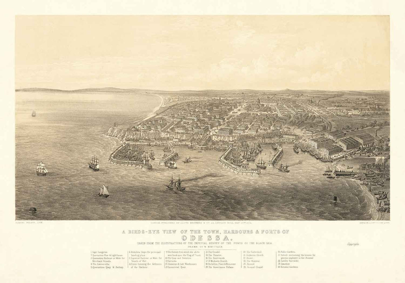 Mapa antiguo de Odesa, Ucrania, 1855 - Ciudad portuaria del Mar Negro - Fuertes, Ciudadela, Centro de la ciudad - Ilustración a ojo de pájaro