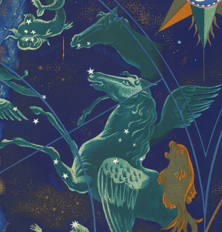 Alte Air France Himmels- & Tierkreis-Weltkarte, 1959 von Bucher - Historische Flugroutenkarte, Konstellationen 