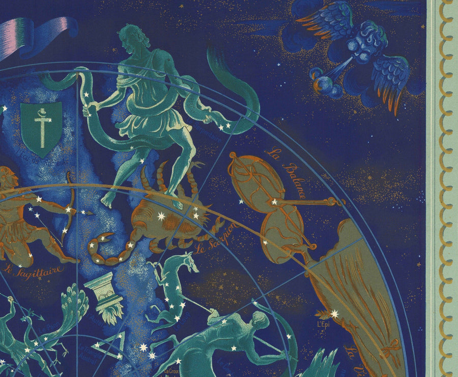 Alte Air France Himmels- & Tierkreis-Weltkarte, 1959 von Bucher - Historische Flugroutenkarte, Konstellationen 