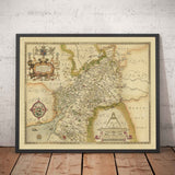 Rare Old Map of Gloucestershire, 1575 by Saxton - Bristol, Cheltenham, Cotswolds, Tewkesbury, Cirencester, Stroud