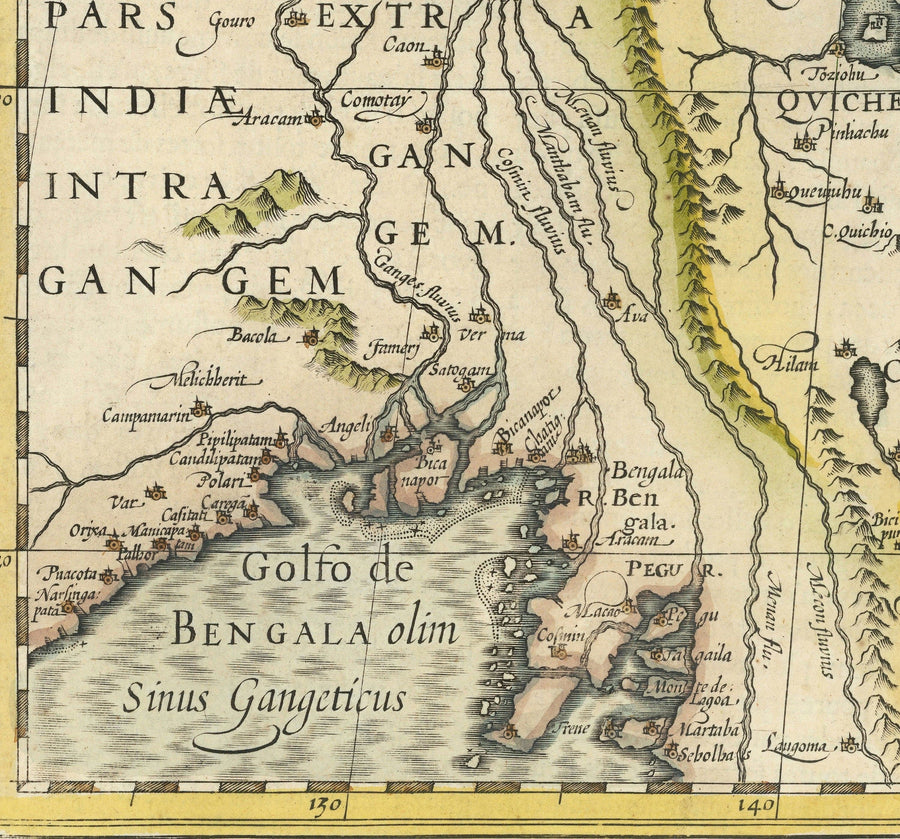Ancienne carte de la Chine, 1606 par Jodocus Hondius - Corée, Japon, Grande Muraille, Asie du Sud-Est, Orient, Monstres marins étranges