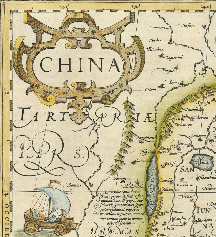Ancienne carte de la Chine, 1606 par Jodocus Hondius - Corée, Japon, Grande Muraille, Asie du Sud-Est, Orient, Monstres marins étranges