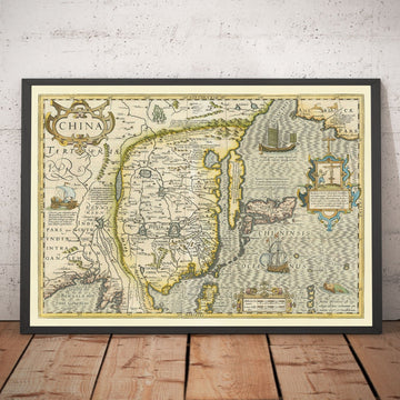 Mappa antica della Cina, 1606 di Jodocus Hondius - Corea, Giappone, Grande Muraglia, Sud Est Asiatico, Oriente, Strani Mostri Marini 