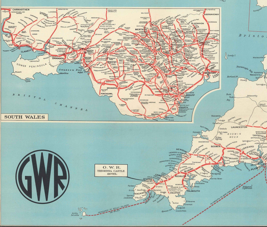 Alte Karte der Great Western Railway, 1950 - Vor den Beeching-Kürzungen GWR - Hauptlinien, Südwales, Westland, Paddington 
