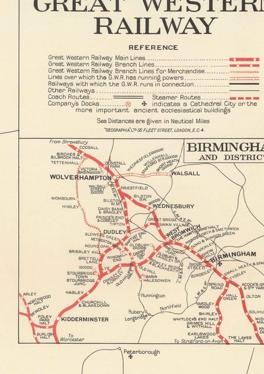 Alte Karte der Great Western Railway, 1950 - Vor den Beeching-Kürzungen GWR - Hauptlinien, Südwales, Westland, Paddington 