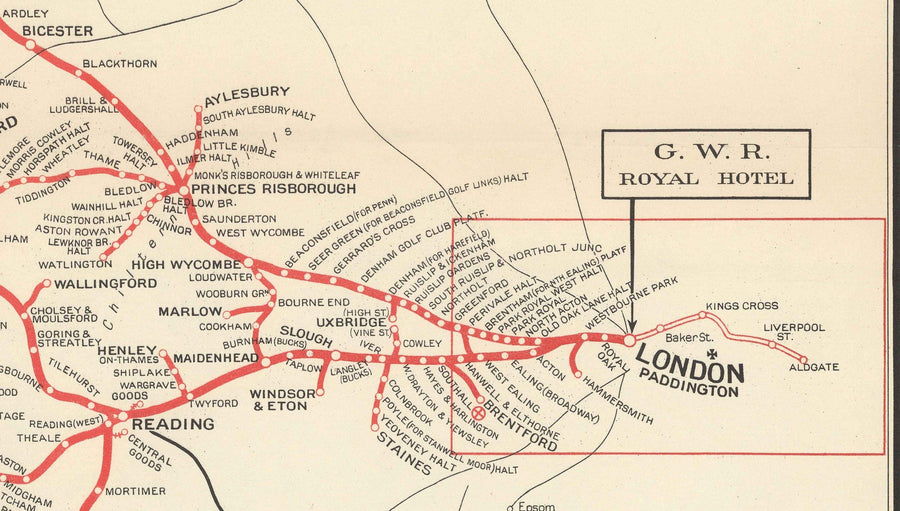 Alte Karte der Great Western Railway, 1950 - Vor den Beeching-Kürzungen GWR - Hauptlinien, Südwales, Westland, Paddington 