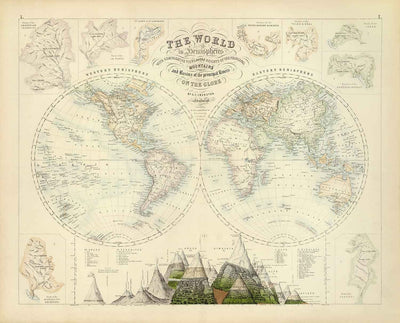 Old World Map, 1872 by Fullarton - Victorian Double Hemisphere Projection Atlas, Rivers, Mountains (No Everest!)