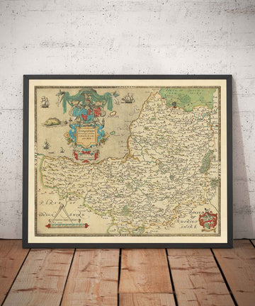 Raro mapa antiguo de Somerset, 1575 por Saxton - Bath, Bristol, West Country, Mendips, Weston-super-Mare