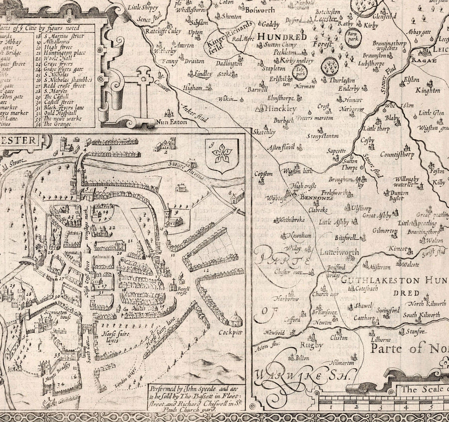 Old monochrome Carte of Leicestershire, 1611 par John Speed ​​- Leicester, Loughborough, Hinckley, Wigston, Melton Mowbray