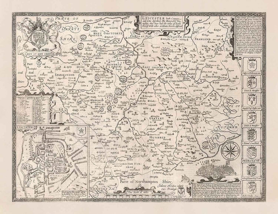 Old monochrome Carte of Leicestershire, 1611 par John Speed ​​- Leicester, Loughborough, Hinckley, Wigston, Melton Mowbray