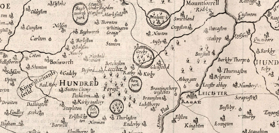 Old monochrome Carte of Leicestershire, 1611 par John Speed ​​- Leicester, Loughborough, Hinckley, Wigston, Melton Mowbray