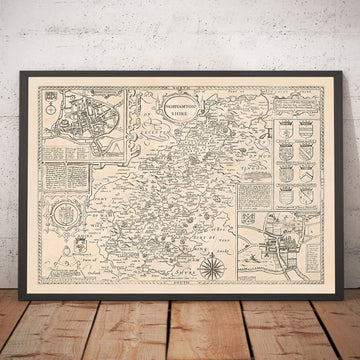 Vecchia mappa monocromatica del Northamptonshire, 1611 di John Speed - Northampton, Kettering, Peterborough, Corby, Stamford, Brackley 