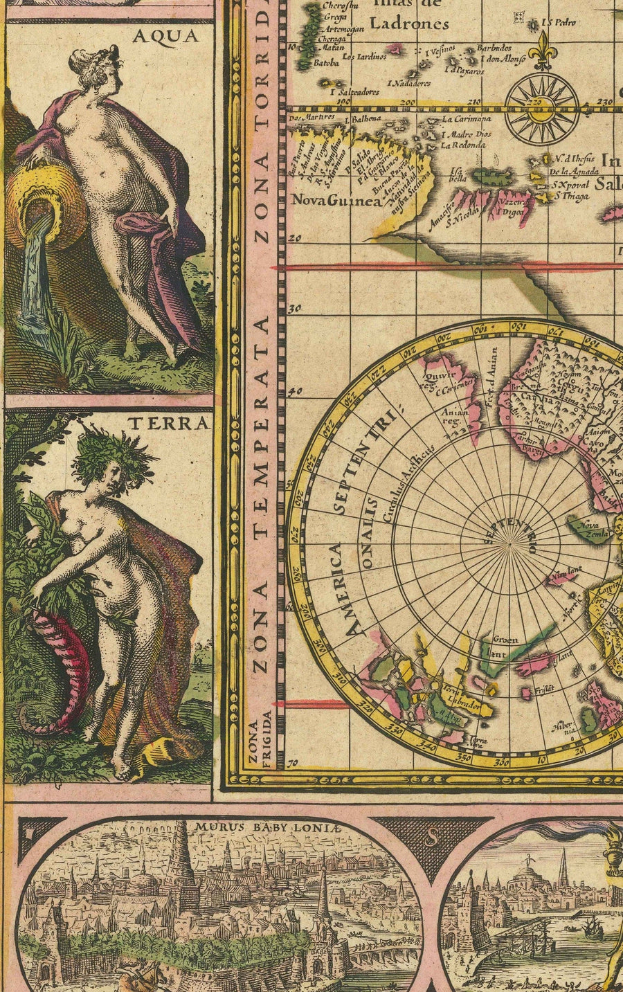 Alte Weltkarte, 1635 von Willem Blaeu - Seltenes Meisterwerk-Atlas - Sieben Wunder, mythische Inseln, römische Götter, Seeungeheuer! 