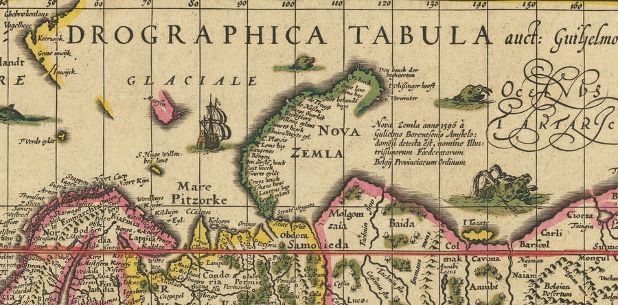 Alte Weltkarte, 1635 von Willem Blaeu - Seltenes Meisterwerk-Atlas - Sieben Wunder, mythische Inseln, römische Götter, Seeungeheuer! 