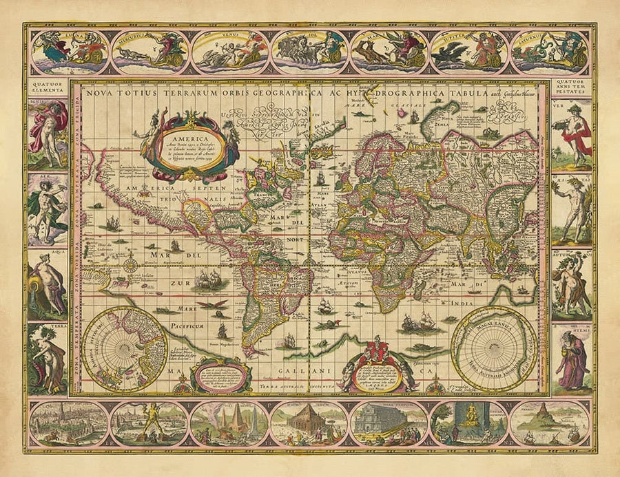 Alte Weltkarte, 1635 von Willem Blaeu - Seltenes Meisterwerk-Atlas - Sieben Wunder, mythische Inseln, römische Götter, Seeungeheuer! 