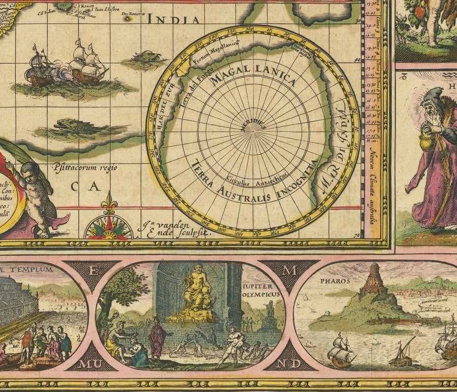 Alte Weltkarte, 1635 von Willem Blaeu - Seltenes Meisterwerk-Atlas - Sieben Wunder, mythische Inseln, römische Götter, Seeungeheuer! 