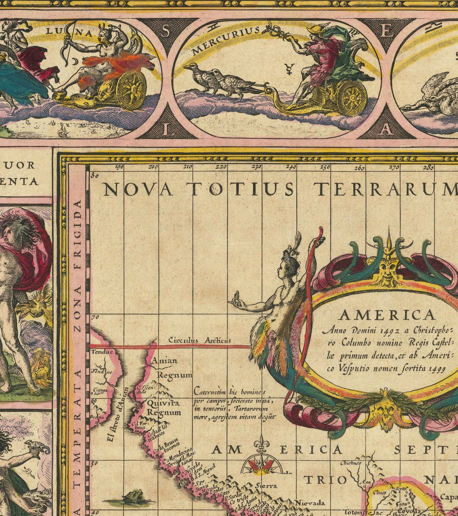 Alte Weltkarte, 1635 von Willem Blaeu - Seltenes Meisterwerk-Atlas - Sieben Wunder, mythische Inseln, römische Götter, Seeungeheuer! 