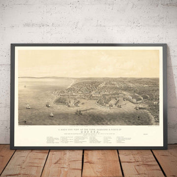 Old Map of Odessa, Ukraine, 1855 - Black Sea Harbour Town - Forts, Citadel, City Centre - Birds-Eye Illustration