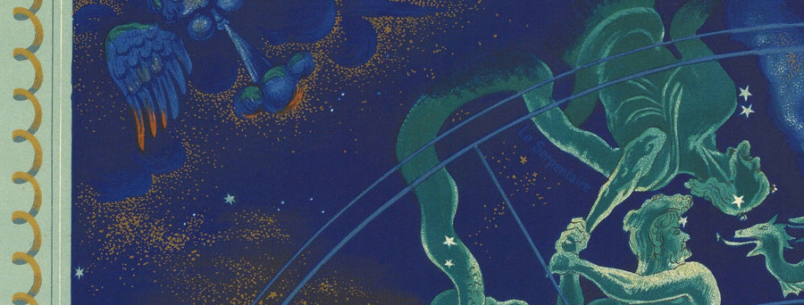 Alte Air France Himmels- & Tierkreis-Weltkarte, 1959 von Bucher - Historische Flugroutenkarte, Konstellationen 