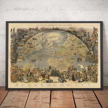 Antiguo mapa del mundo, 1876 - "Una vuelta al mundo" de Le Monde - Exploración del siglo XIX, Historia, Colonialismo