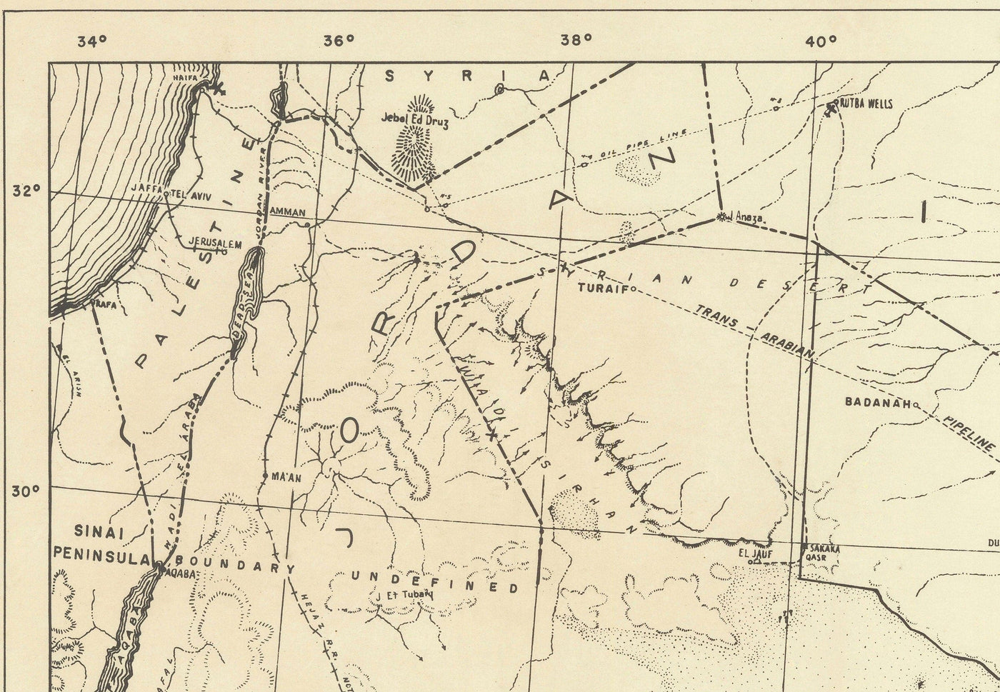 Alte Aramco-Karte, 1953 - Erste Karte der Arabian American Oil Company - Saudi-Arabien, Pipelines, Förderung, Dubai, Riyadh