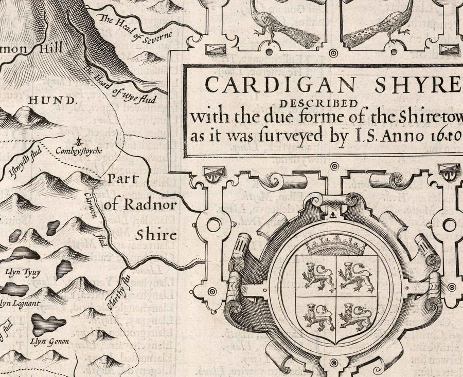 Old monochrome Carte of Ceredigion, Wales, 1611 par John Speed ​​- Aberystwyth, Cardigan, Aberporth, Aberarth