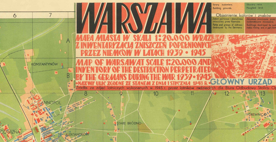 Old Map of the Nazi Destruction of Varsovie, 1949 - Cente censuré Soviétique WW2 - Old Town, Ghetto, Muranow, Praga