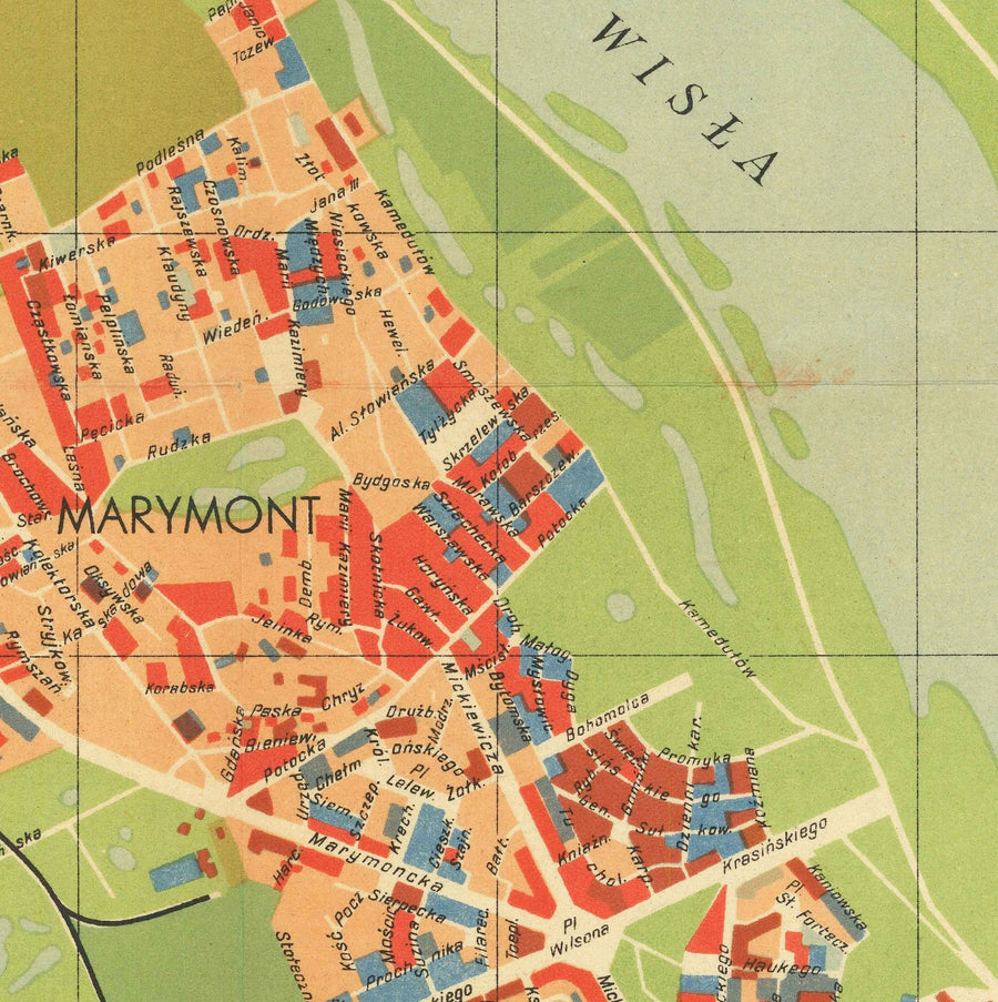 Old Map of the Nazi Destruction of Varsovie, 1949 - Cente censuré Soviétique WW2 - Old Town, Ghetto, Muranow, Praga