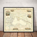 Antiguo mapa del Mar Negro, 1854 - Guerra de Crimea, Rusia, Ucrania, Europa, Imperio Otomano, Turquía, Balcanes, Grecia