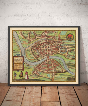 Mapa antiguo de Bristol, 1588 por Braun - Brightstowe, Avon, St Nicholas, Newgate, Escudo de armas