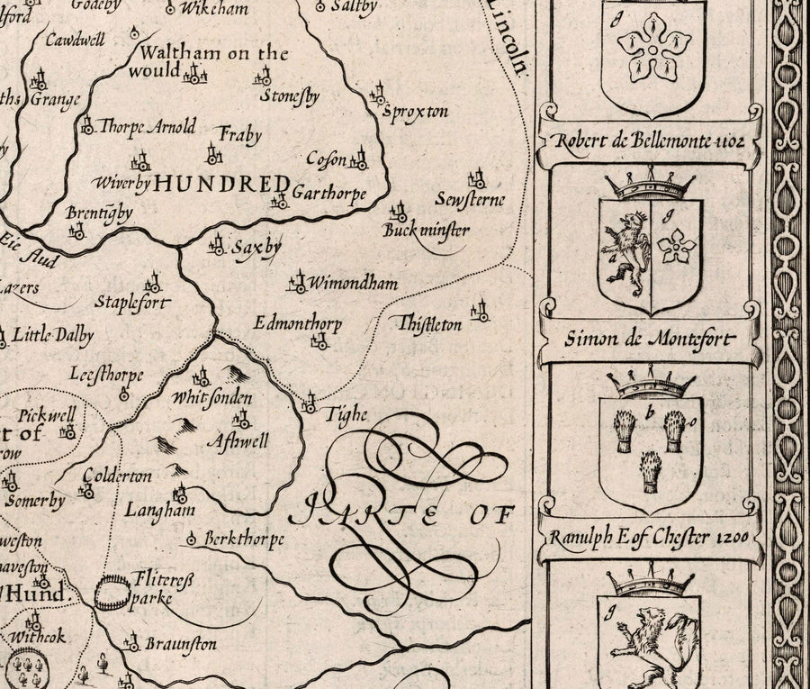 Old monochrome Carte of Leicestershire, 1611 par John Speed ​​- Leicester, Loughborough, Hinckley, Wigston, Melton Mowbray