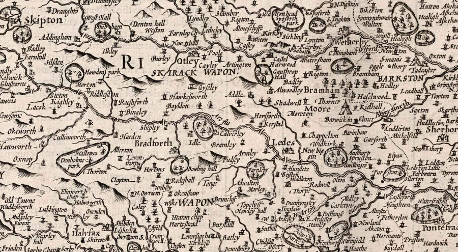 Old Monochrome Map of West Yorkshire, 1611 par John Speed ​​- York, Bradford, Sheffield, Leeds, Huddersfield, Harrogate, Skipton