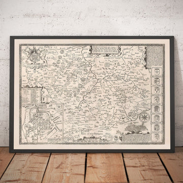 Vecchia mappa monocromatica del Leicestershire, 1611 di John Speed - Leicester, Loughborough, Hinckley, Wigston, Melton Mowbray 