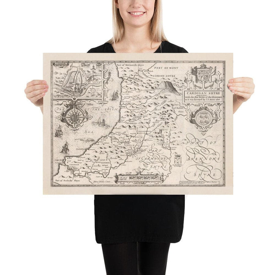 Old monochrome Carte of Ceredigion, Wales, 1611 par John Speed ​​- Aberystwyth, Cardigan, Aberporth, Aberarth