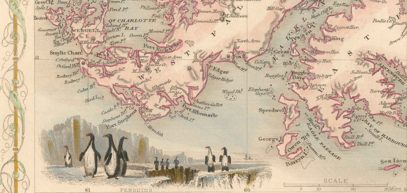 Mapa antiguo Islas Malvinas y Patagonia, 1851 - América del Sur, Cabo de Hornos, Malvinas, Tierra del Fuego, Imperio Británico