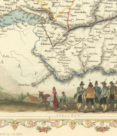 Antiguo mapa coloreado a mano de Suiza, 1851 - Berna, Zúrich, Cantones, Ginebra, Lagos, Zermatt, Guillermo Tell