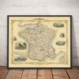 Old Map of France, 1851 by Tallis & Rapkin - Paris, Calais, Toulouse, Nice, Bordeaux, Departments & Counties