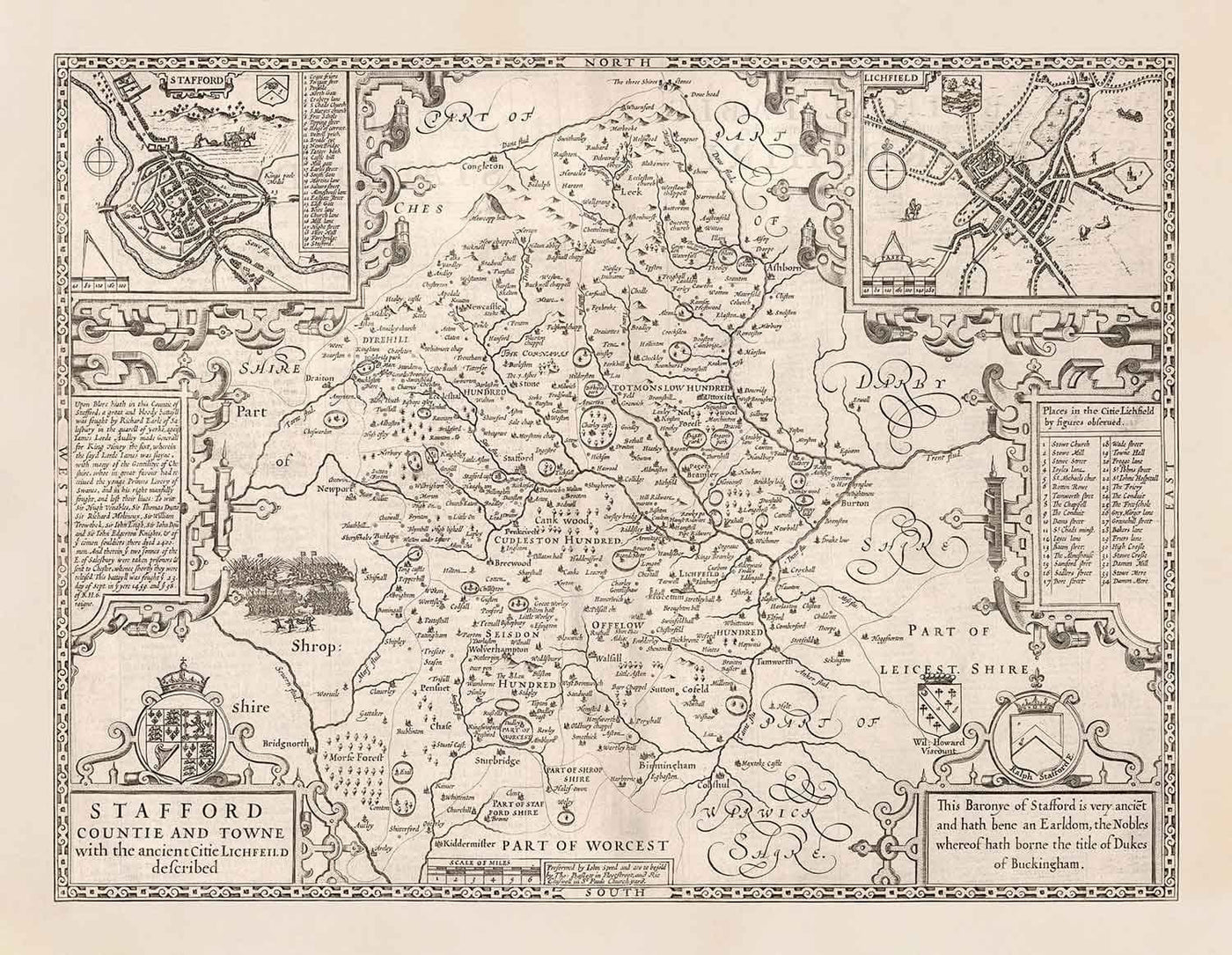 Antiguo mapa monocromo de Staffordshire, 1611 por John Speed - Stafford, Wolverhampton, Stoke-on-Trent, Birmingham, Walsall, Dudley
