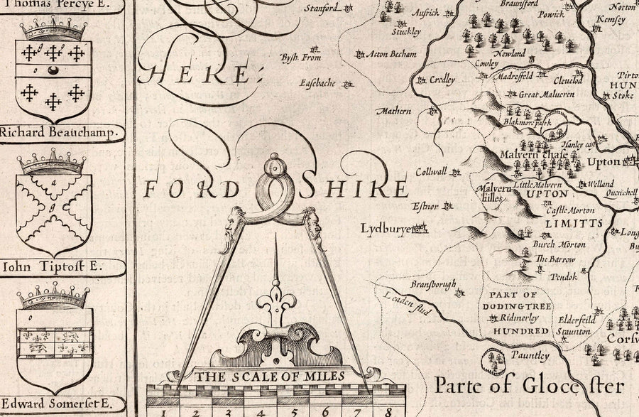 Old monochrome Carte of Worcestershire, 1611 par John Speed ​​- Worcester, Bromsgrove, Kidderminster, Malvern, Droitwich