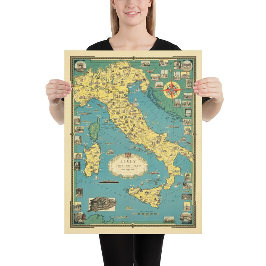 Alter bildlicher Atlas von Italien, 1935 von E. Chase - Illustrierte Wahrzeichen, Vatikan, Venedig, Florenz, Rom, Sardinien 