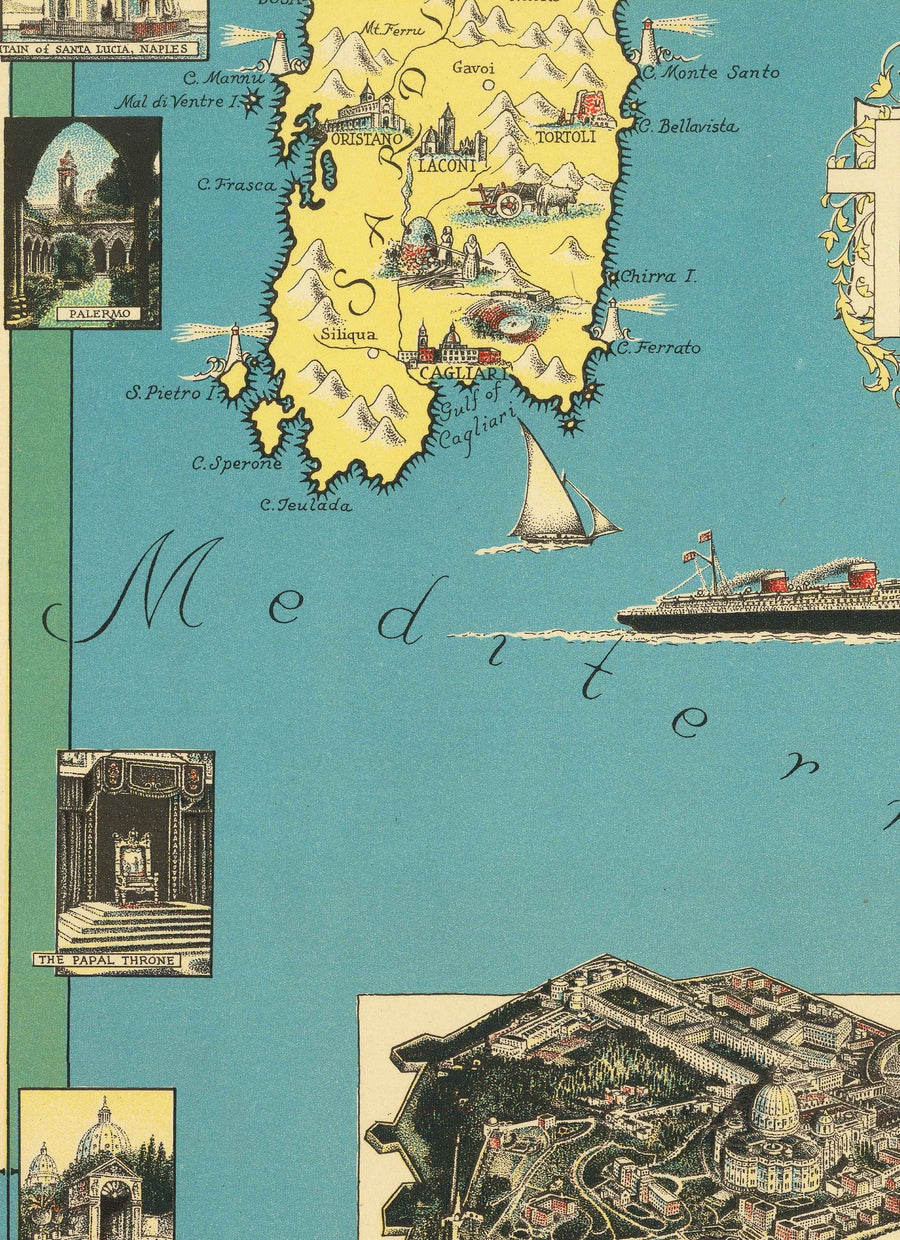Alter bildlicher Atlas von Italien, 1935 von E. Chase - Illustrierte Wahrzeichen, Vatikan, Venedig, Florenz, Rom, Sardinien 