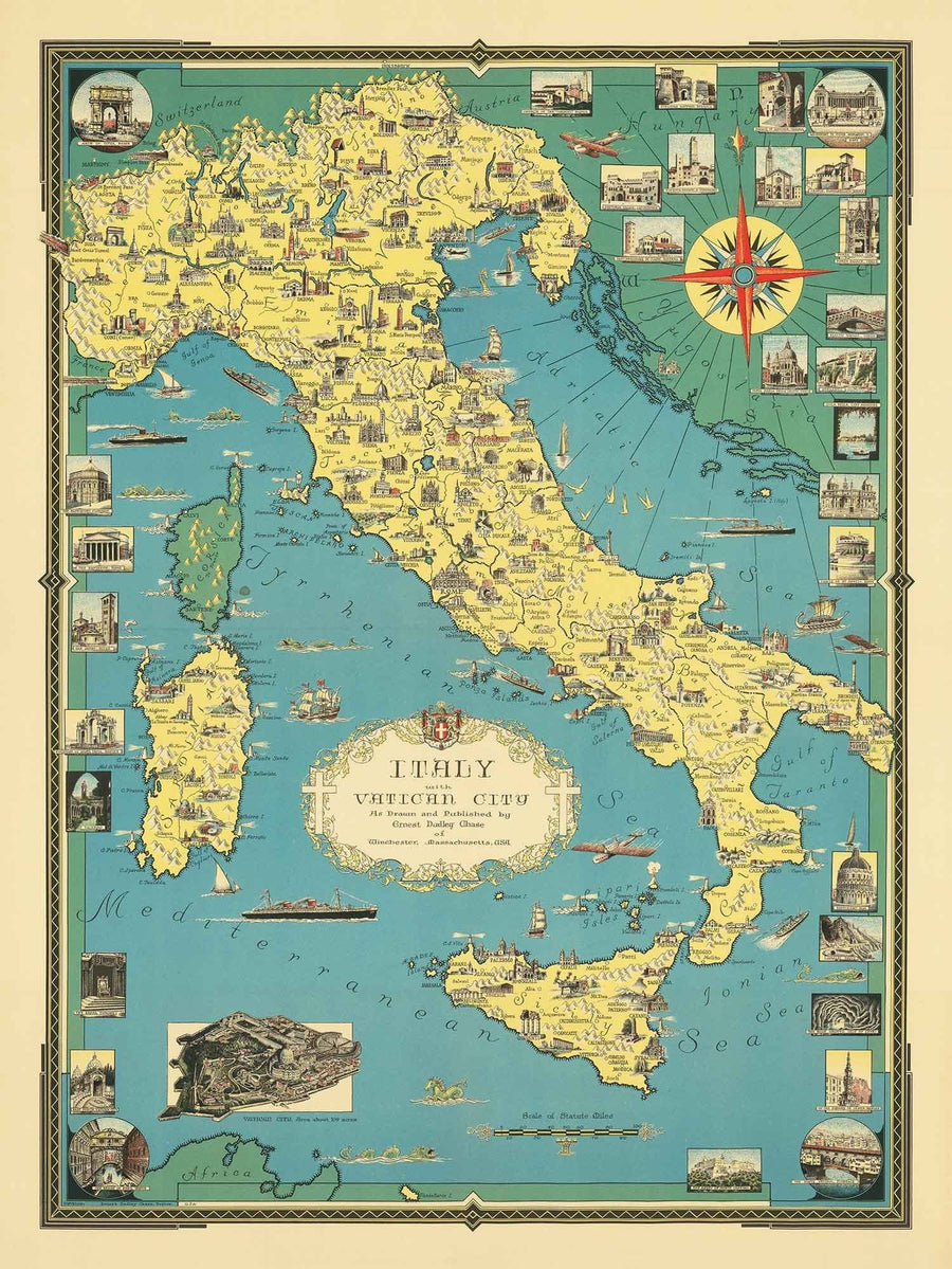 Alter bildlicher Atlas von Italien, 1935 von E. Chase - Illustrierte Wahrzeichen, Vatikan, Venedig, Florenz, Rom, Sardinien 