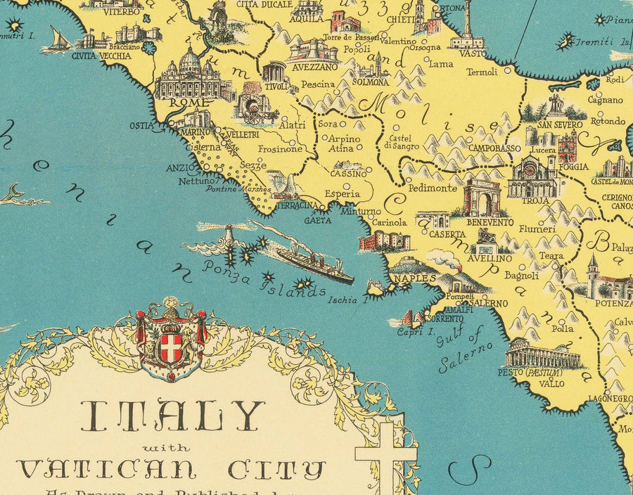 Alter bildlicher Atlas von Italien, 1935 von E. Chase - Illustrierte Wahrzeichen, Vatikan, Venedig, Florenz, Rom, Sardinien 