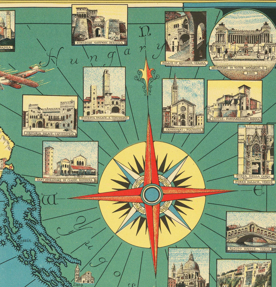 Alter bildlicher Atlas von Italien, 1935 von E. Chase - Illustrierte Wahrzeichen, Vatikan, Venedig, Florenz, Rom, Sardinien 